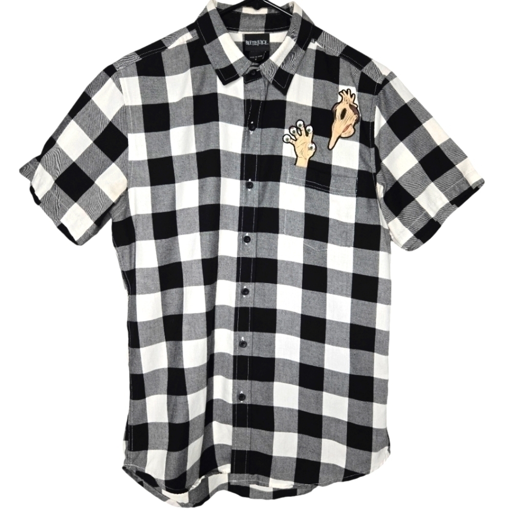 Beetlejuice Mens Halloween Buffalo Plaid Embroideref Button Shirt Costume Small